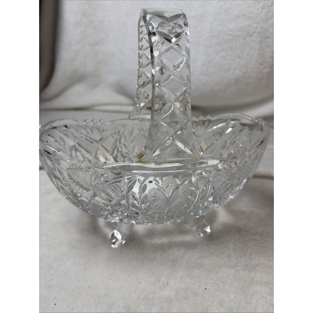 Vintage 70s Clear Cut Crystal Basket with Handle Footed Frosted Etched As Is